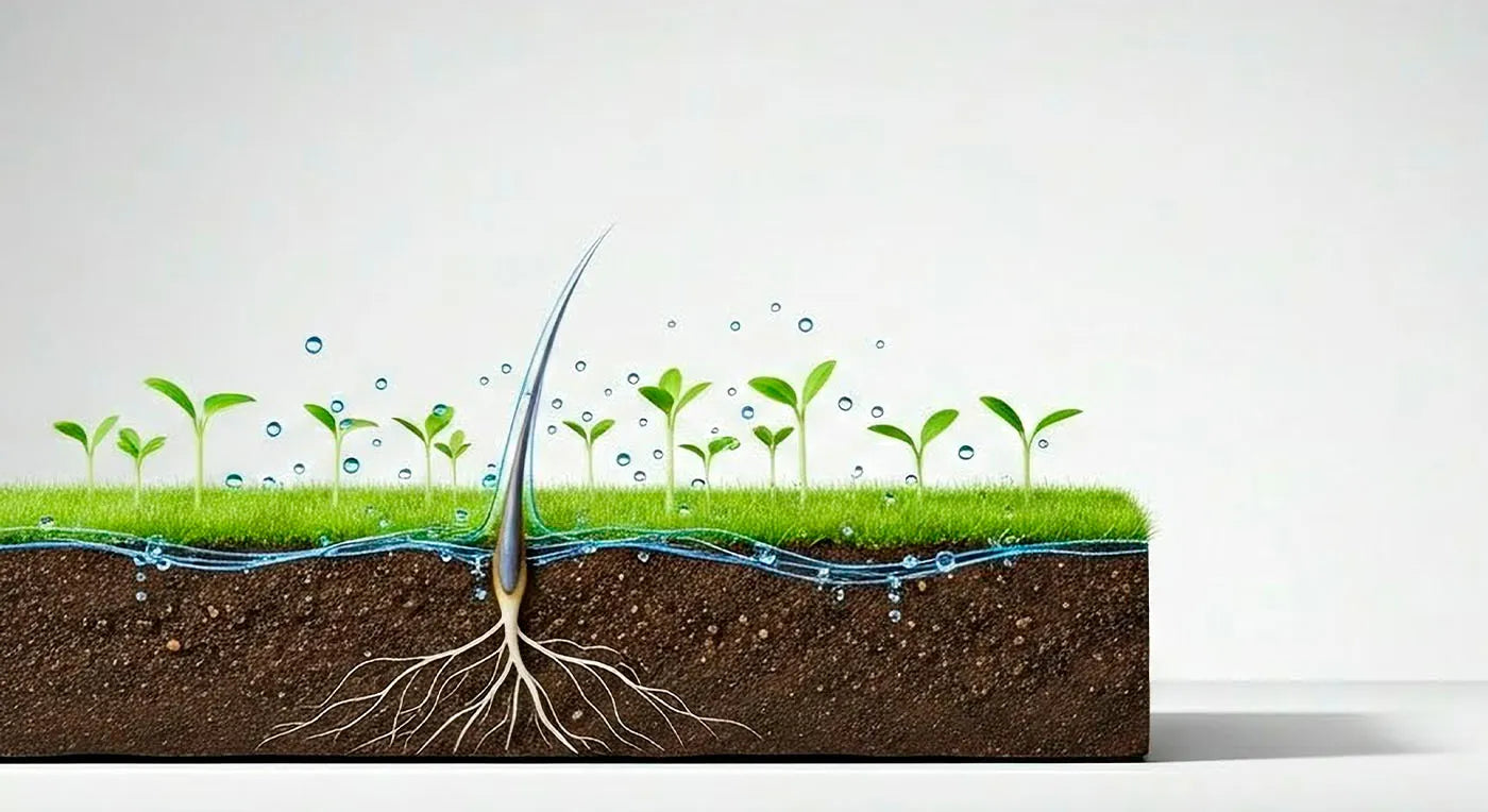 Illustration of a scalp cross-section with a hair follicle and seedlings, symbolising hydrated, healthy hair growth.